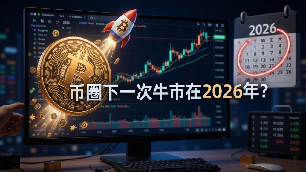 2026年币圈牛市爆发画面,比特币火箭冲破屏幕,背景是加密交易图表和日历圈出2026年,屏幕中央悬浮疑问文字“币圈下一次牛市在2026年?”,币圈下一次牛市在2026年,概括本文全部内容