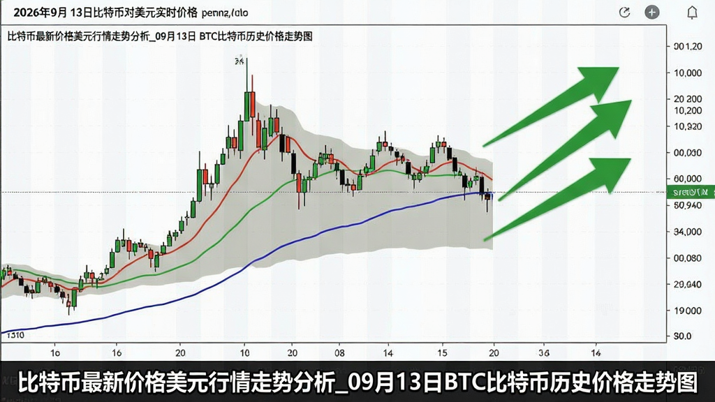 一张综合信息图,包含2026年9月13日比特币对美元的实时价格曲线、关键均线以及当日预测走势箭头,底部清晰标注“比特币最新价格美元行情走势分析_09月13日BTC比特币历史价格走势图”标题