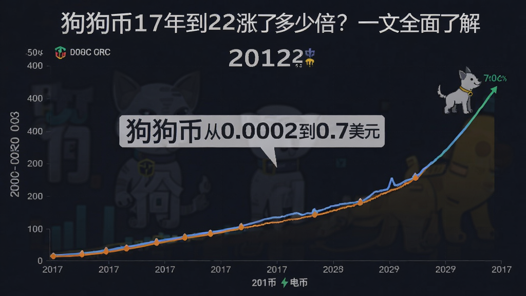 狗狗币2017年到2022年涨幅回顾图,核心词“狗狗币17年到22年涨了多少倍?一文全面了解”,展示价格曲线,包含“狗狗币从0.0002到0.7美元”字样