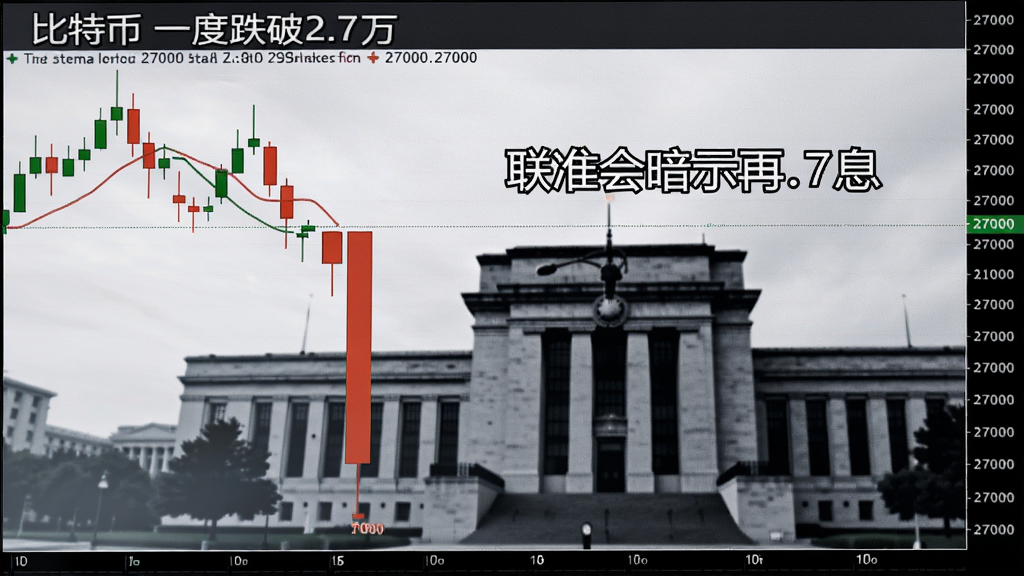 比特币价格跌破27000美元K线图,关键词“比特币一度跌破2.7万”,图中显示一根大阴线击穿27000整数关口,背景有美联储大楼剪影,文字注明“联准会暗示再加息”
