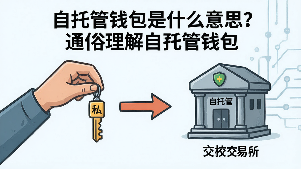 一幅图解自托管钱包概念,一个人拿着私钥钥匙,旁边交易所是托管钱包,突出自主性,文字“自托管钱包是什么意思?通俗理解自托管钱包”,关键词自托管钱包,概括整篇文章全部内容