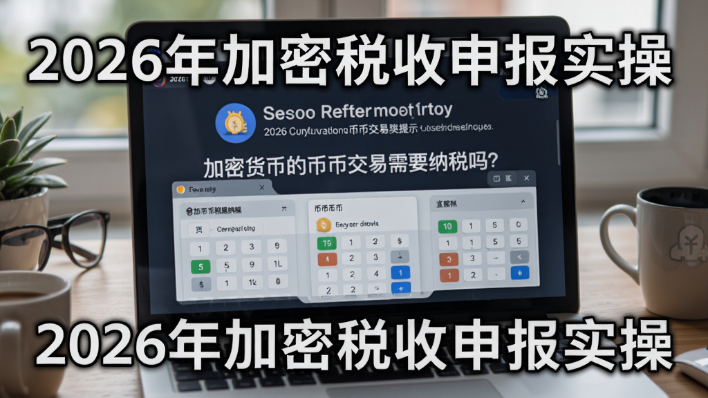 一张关于加密货币税务报告和计算器的桌面特写,屏幕显示2026年币币交易纳税提示,关键词包含“加密货币的币币交易需要纳税吗?”,图上文字注明“2026年加密税收申报实操”