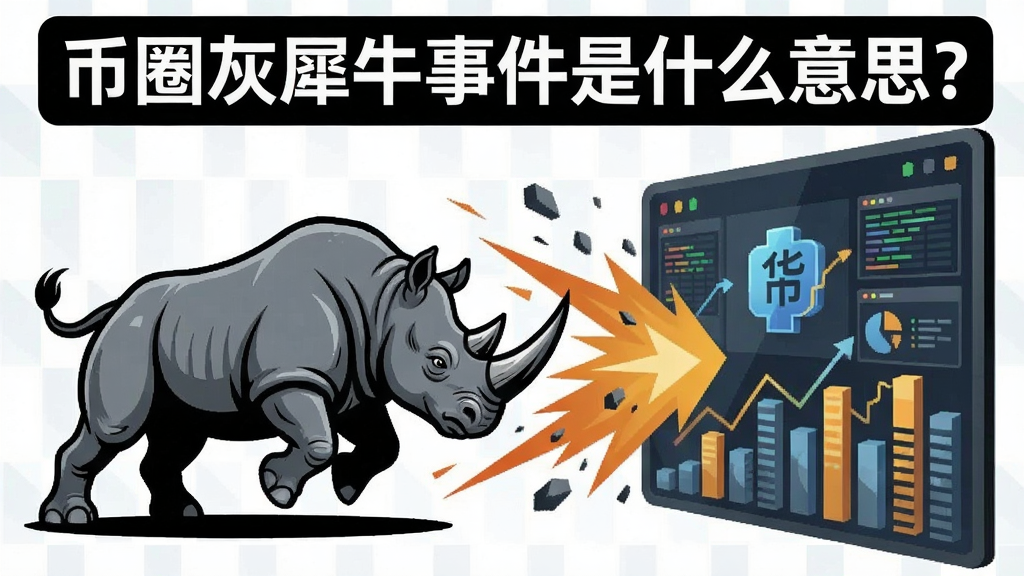 币圈灰犀牛事件的概念图解,展示一头犀牛冲向数字货币市场,文字标注“币圈灰犀牛事件是什么意思?”