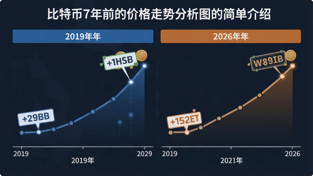 一张清晰的时间轴图表,对比2019年与2026年比特币价格走势,包含关键日期和价格标签,风格简洁专业,用于讲解“比特币7年前的价格走势分析图的简单介绍”