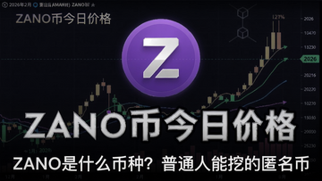 一张包含ZANO币紫色Logo和2026年2月最新价格K线走势图的资讯配图,关键词“ZANO币今日价格”,图上带有“ZANO是什么币种?普通人能挖的匿名币”标题文字