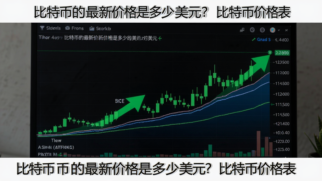 实时跳动的比特币美元价格与行情曲线图,屏幕显示绿色上涨K线,关键词为“比特币的最新价格是多少美元?比特币价格表”概括全文