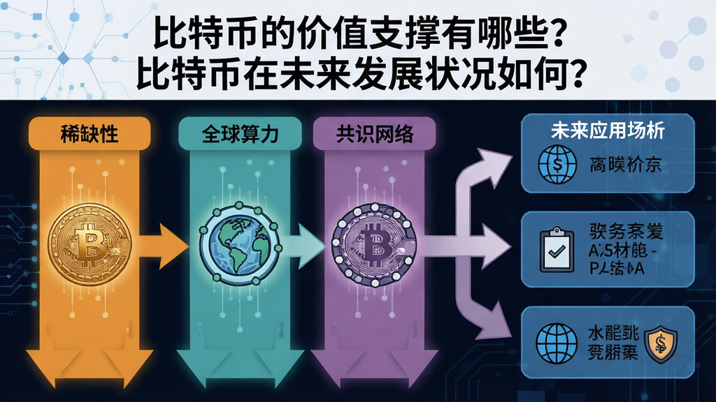 一张信息图展示比特币价值支撑要素与未来前景分析,图中列出稀缺性、全球算力、共识网络三大支柱,并用箭头指向未来可能的应用场景,标题文字“比特币的价值支撑有哪些?比特币在未来发展状况如何?”