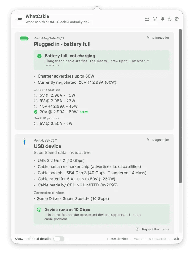 WhatCable Pro 数据线信息查询 for Mac截图1
