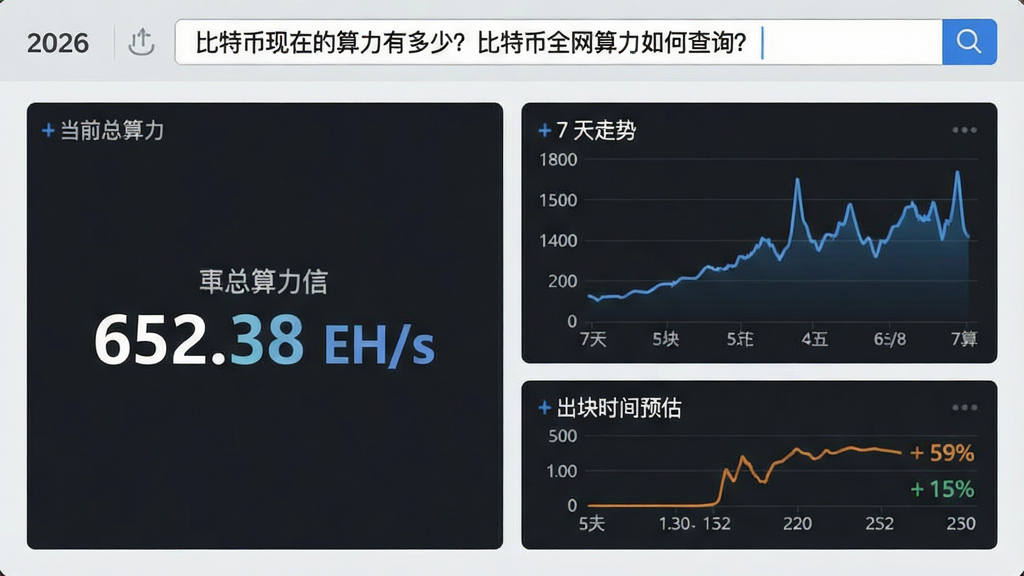 一张2026年比特币全网算力实时查询界面的示意图,左侧显示当前总算力数值为“652.38 EH/s”,右侧配有7天算力走势曲线和出块时间预估,页面顶部搜索框内清晰显示关键词“比特币现在的算力有多少?比特币全网算力如何查询?”,整体界面简洁直观