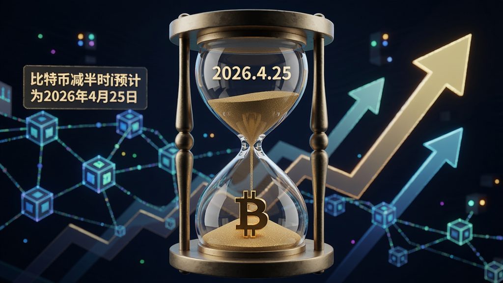用3D视觉风格绘制一枚金色比特币在沙漏中,沙漏上半部分显示日期2026.4.25,背景是区块链网络与上升箭头,文字标注“比特币减半时间预计为2026年4月25日”