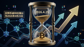 用3D视觉风格绘制一枚金色比特币在沙漏中,沙漏上半部分显示日期2026.4.25,背景是区块链网络与上升箭头,文字标注“比特币减半时间预计为2026年4月25日”