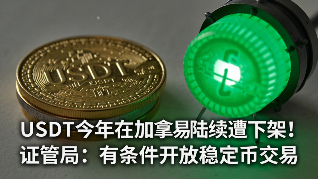 加拿大证管局颁布有条件开放稳定币交易文件,背景为USDT硬币和绿灯,显示文字“USDT今年在加拿大陆续遭下架!证管局:有条件开放稳定币交易”