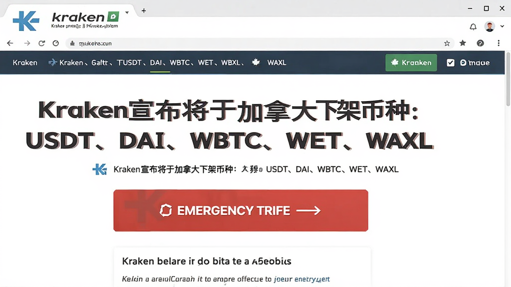 一张展示Kraken平台发出的关于加拿大下架USDT、DAI、WBTC、WET、WAXL通知的网页截图,画面中突出显示“Kraken宣布将于加拿大下架币种:USDT、DAI、WBTC、WET、WAXL”的官方公告文字,旁边有紧急提币按钮示意。