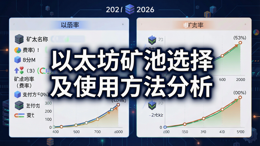 一张展示2026年主流以太坊矿池对比的示意图,包含矿池名称、费率、支付方式、收益曲线图标,画面中央大字标明“以太坊矿池选择及使用方法分析”