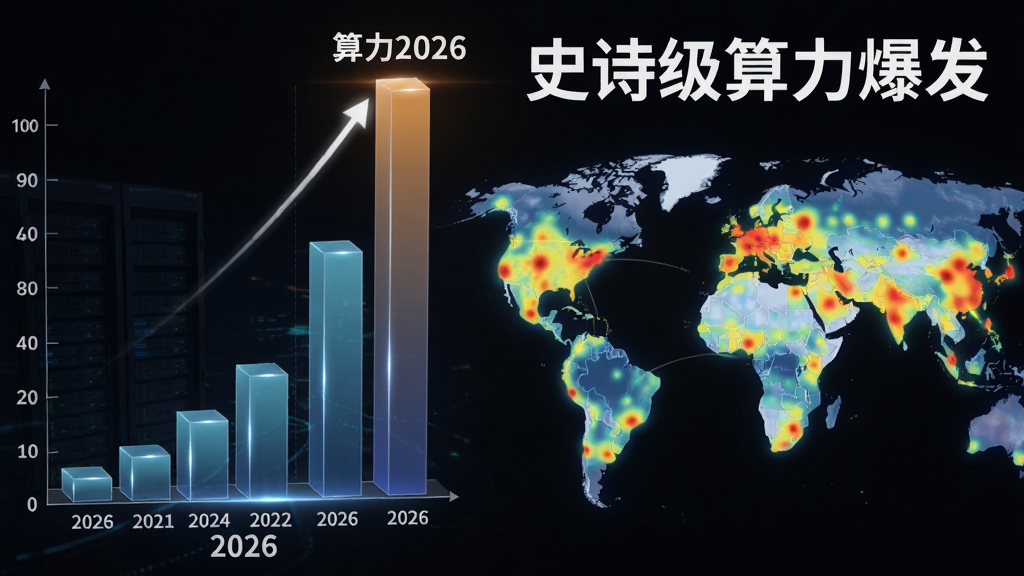 算力在2026年最大幅度攀升,一张震撼的3D柱状图显示2026年算力峰值远超往年,旁边配以全球数据中心分布热力图,图上标注“史诗级算力爆发”