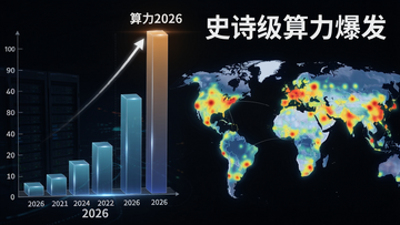 算力在2026年最大幅度攀升,一张震撼的3D柱状图显示2026年算力峰值远超往年,旁边配以全球数据中心分布热力图,图上标注“史诗级算力爆发”