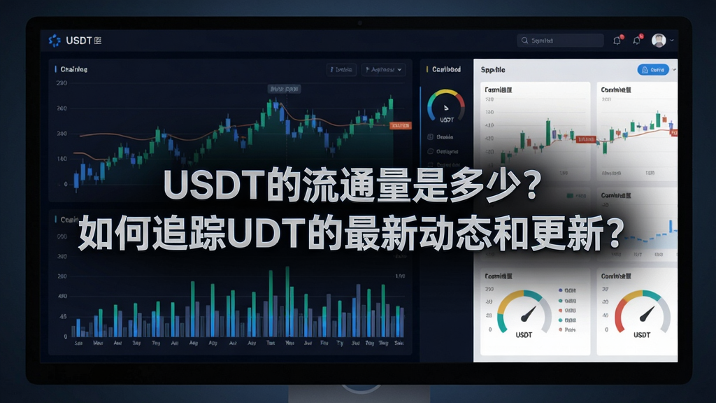 一个显示USDT实时流通量数据面板的电脑界面,中心标有“USDT的流通量是多少?如何追踪USDT的最新动态和更新?”字样,背景为深色科技感图表,包含柱状图和链上仪表板