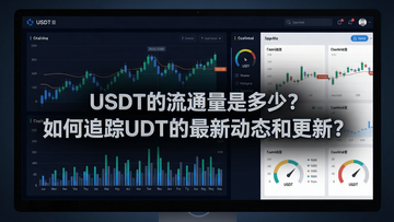 一个显示USDT实时流通量数据面板的电脑界面,中心标有“USDT的流通量是多少?如何追踪USDT的最新动态和更新?”字样,背景为深色科技感图表,包含柱状图和链上仪表板