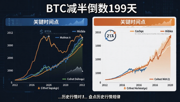 һ����Ϣͼչʾ��BTC���뵹��199�족�ؼ�ʱ��㣬ͬʱ�Ա�2012��2016��2020�����ǰ��ı��رҼ۸��������ߣ��̵���ʷ�������