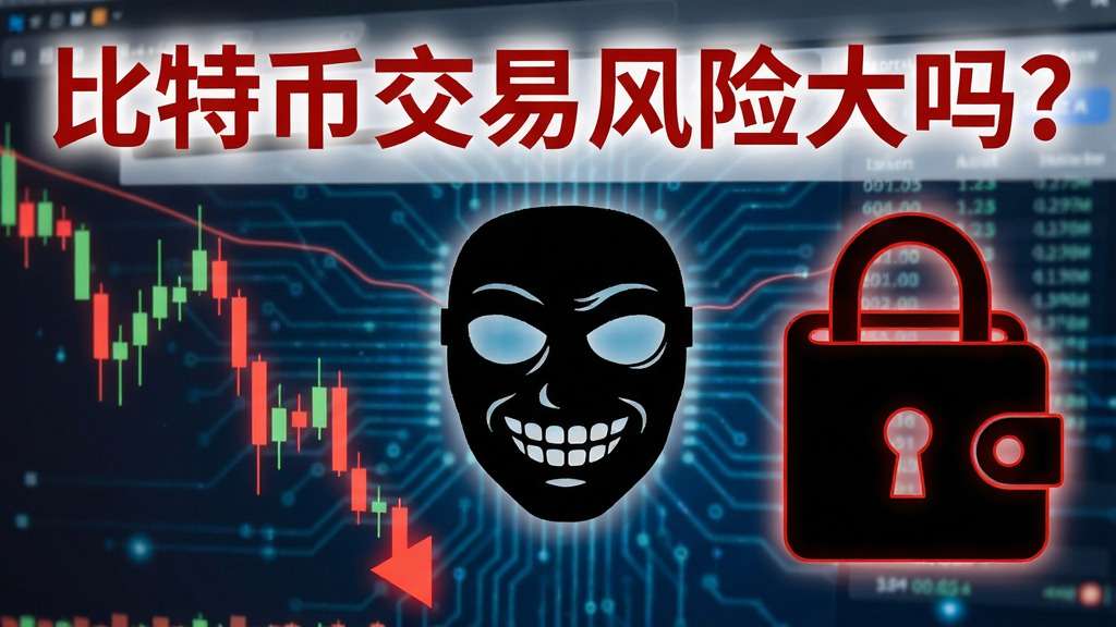 一张警示图,用红色标注比特币交易风险有哪些这6大风险必须警惕,画面包含价格暴跌K线、黑客面具和钱包锁,文字写“比特币交易风险大吗?”