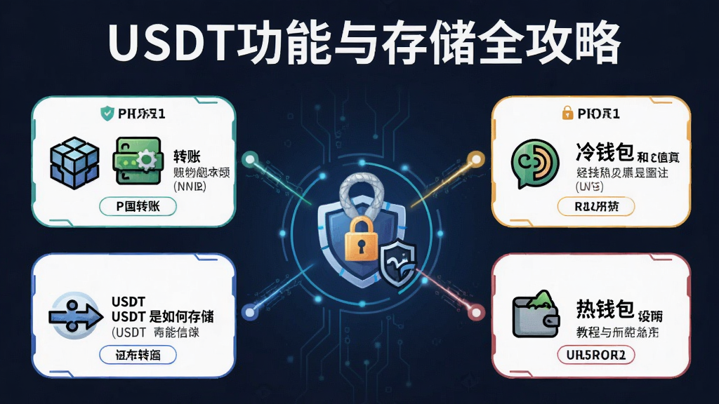 一张信息图说明USDT的功能是什么?USDT是如何存储的?2026完整教程总览,包含转账、支付、冷钱包、热钱包等图标,标题为“USDT功能与存储全攻略”