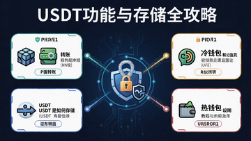 一张信息图说明USDT的功能是什么?USDT是如何存储的?2026完整教程总览,包含转账、支付、冷钱包、热钱包等图标,标题为“USDT功能与存储全攻略”