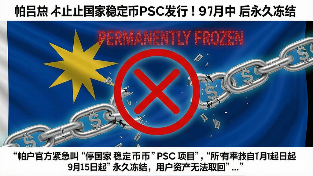 “帕劳中止国家稳定币PSC发行!9月中后永久冻结”事件警示图,画面中央显示红色冻结标志和文字“PERMANENTLY FROZEN”,背景为帕劳国旗与断裂的数字货币链条,关键词:冻结,概括:帕劳官方紧急叫停国家稳定币PSC项目,所有账户自9月15日起永久冻结,用户资产无法取回