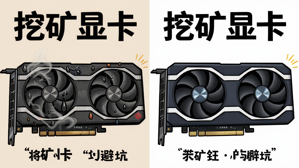 一个插画风格的对比图,左侧是布满灰尘出油严重的高负荷挖矿显卡,右侧是干净正常的游戏显卡,图上大字注明“挖矿显卡”,概括矿卡特征与避坑