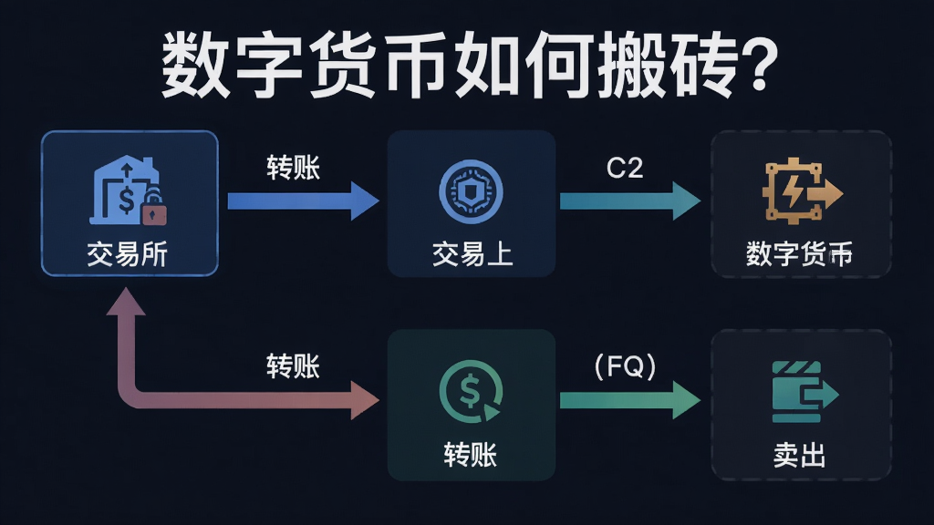 数字货币搬砖流程图解,一张图看懂搬砖如何操作,关键词“数字货币如何搬砖?”概括全篇内容,图中出现交易所比价、转账、卖出等流程