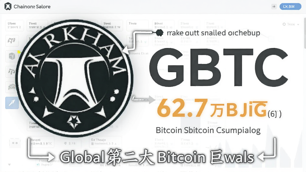 一张包含Arkham标识的数据长图,突出灰度GBTC标识和62.7万枚比特币持仓,配以全球第二大比特币巨鲸的文字标注,背景是链上数据界面