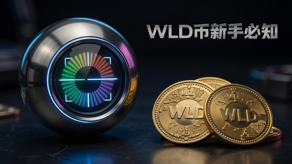 一个发光的金属球体Orb虹膜扫描仪旁边放着几枚印有WLD标志的金色代币,文字注明“WLD币新手必知”