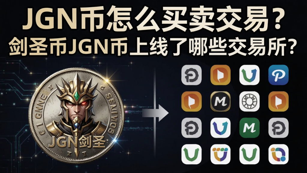 一张JGN剑圣币交易步骤图解与各大上线交易所图标集合,图中突出显示“JGN币怎么买卖交易?剑圣币JGN币上线了哪些交易所?”字样