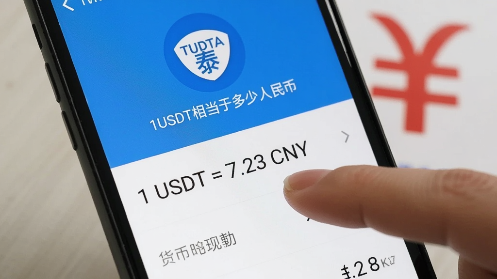 手机屏幕上显示货币汇率换算界面,一只手指点着“1 USDT = 7.23 CNY”字样,背景有泰达币图标和人民币符号,体现“1USDT相当于多少人民币”的核心查询场景