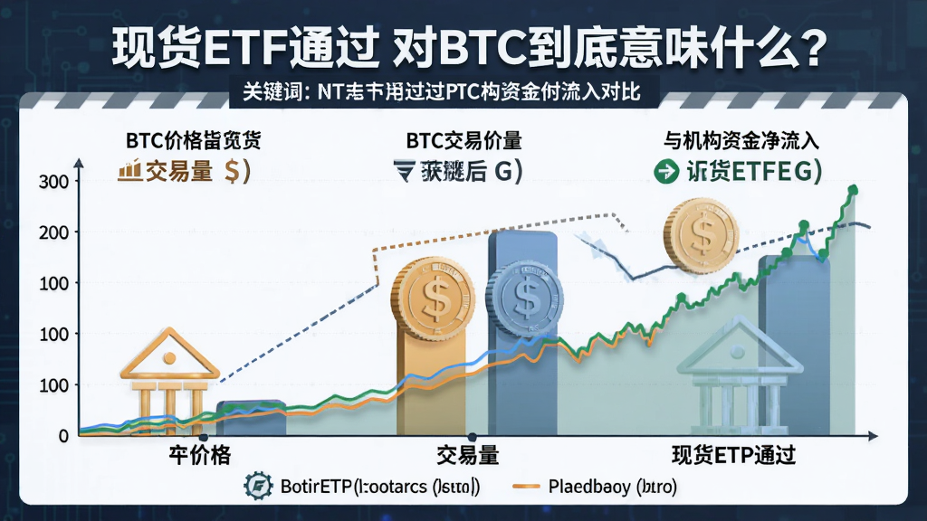 一张信息图展示比特币现货ETF获批后BTC价格、交易量与机构资金净流入的对比变化,配文:现货ETF通过 对BTC到底意味什么?,关键词:现货ETF通过
