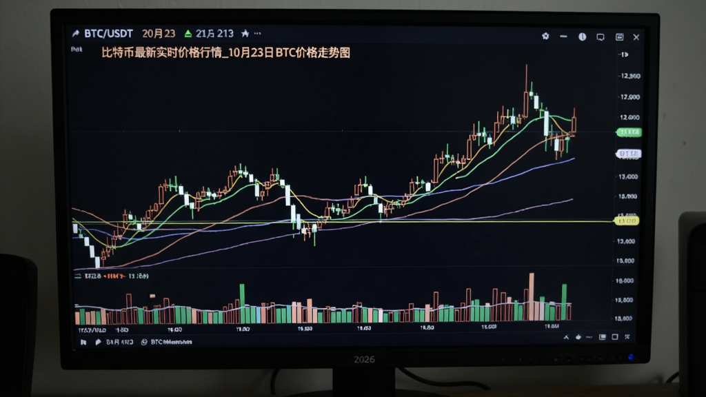 一张展示2026年10月23日比特币实时价格走势图的电脑屏幕,图中包含BTC/USDT交易对、K线、成交量柱和关键均线,突出盘中震荡与支撑位,“比特币最新实时价格行情_10月23日BTC价格走势图”整体概括