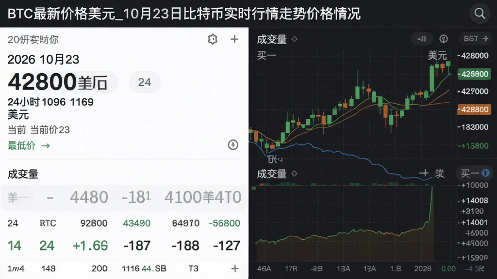 一张展示2026年10月23日比特币最新美元实时价格的行情界面截图,包含当前价42800美元、24小时最高最低价、成交量以及买一卖一盘口深度,“BTC最新价格美元_10月23日比特币实时行情走势价格情况”
