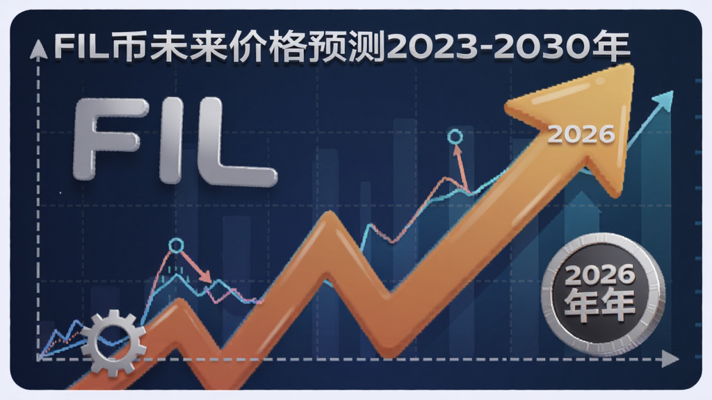 一幅展示FIL币未来价格走势图的插画,包含上涨箭头与2026年标志,突出“FIL币未来价格预测2023-2030年”