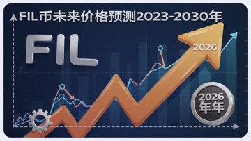 一幅展示FIL币未来价格走势图的插画,包含上涨箭头与2026年标志,突出“FIL币未来价格预测2023-2030年”