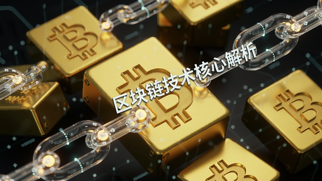 一幅数字金块与透明链条交织的3D插画,金块上刻着“Bitcoin”,链条节点发光,中间漂浮文字“区块链技术核心解析”,整体风格科技金融,关键词区块链技术
