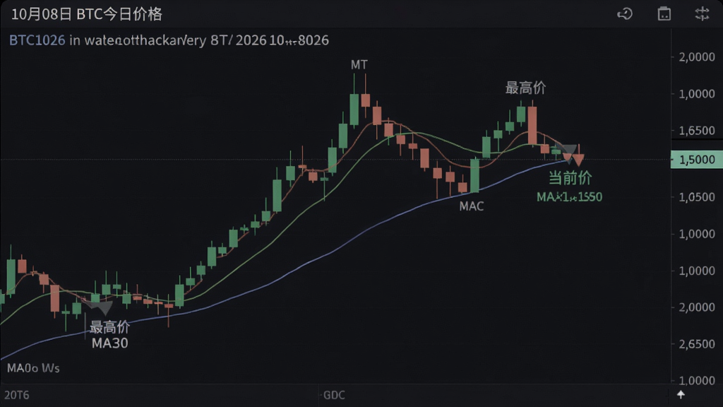 一幅展示2026年10月8日BTC实时价格行情的K线走势图,图中标注出开盘价、最高价、当前价,以及MA30均线,风格为暗色交易终端界面,文字注明“10月08日BTC今日价格”