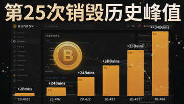币安完成第25次BNB季度销毁,销毁金额创下历史新高,图中展示销毁数量的柱状图逐年攀升,背景是币安交易所界面和BNB代币图标,用“第25次销毁历史峰值”作为标题
