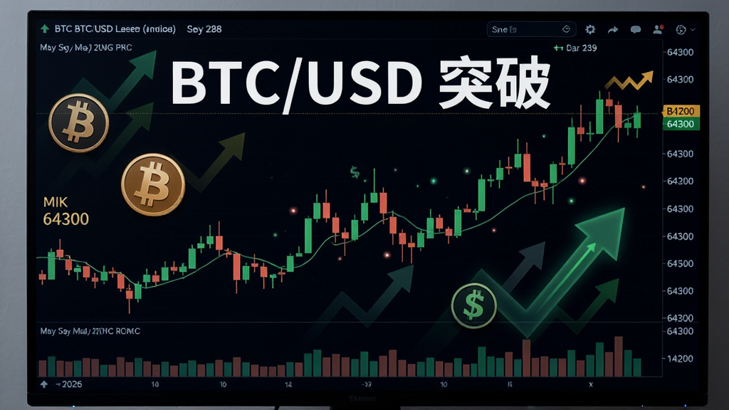 一张包含比特币今日最新价格行情走势的金融K线图,屏幕显示2026年9月28日BTC价格64300美元,上方有“BTC/USD 突破”字样,背景有货币符号和上涨箭头