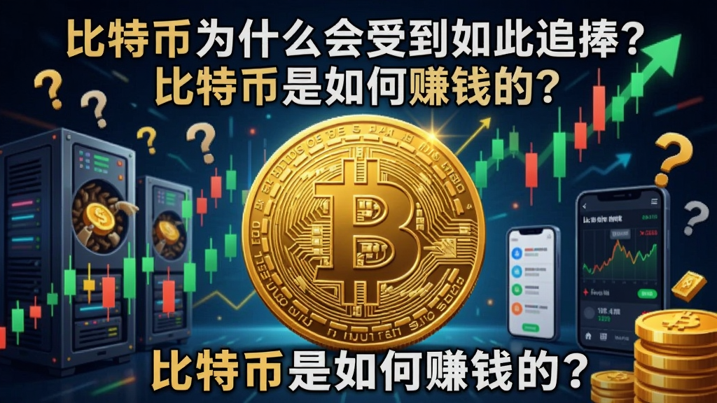 一幅揭示比特币追捧与赚钱方法的数字插画,画面中心是巨大的金色比特币,周围环绕着上升的K线、挖矿机、手机交易界面和问号符号,突出“比特币为什么会受到如此追捧?比特币是如何赚钱的?”