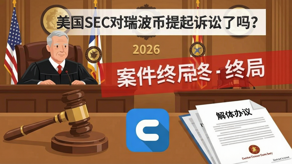 2026年美国SEC起诉瑞波币案件关键判决场景示意图,核心关键词包含“美国SEC对瑞波币提起诉讼了吗?”,展示法官敲锤、瑞波标志和解协议文件,标明“案件终局”字样