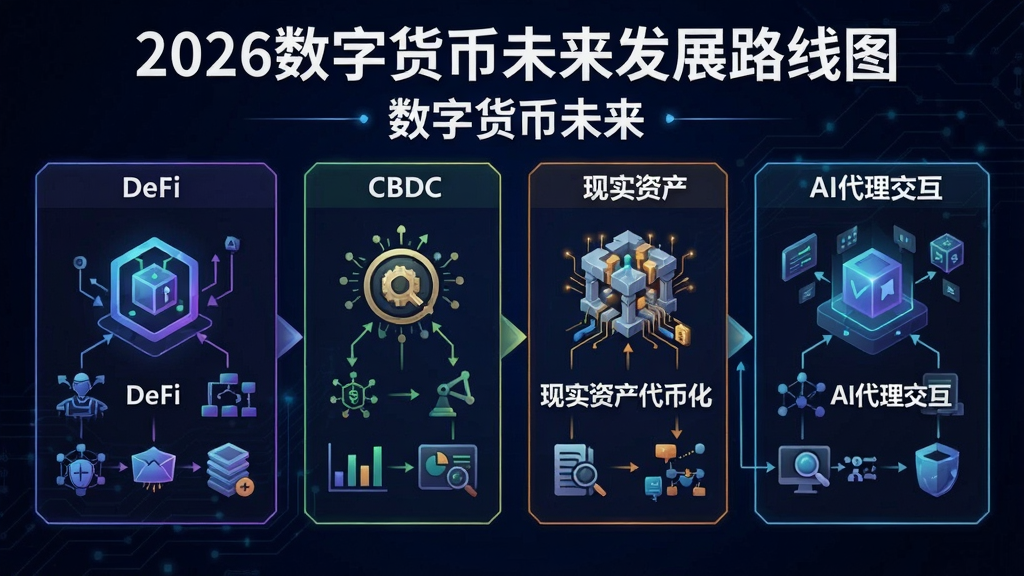 一张可视化信息图,展示2026年数字货币未来的关键趋势,包含DeFi、CBDC、现实资产代币化、AI代理交互等模块,标题文字为“2026数字货币未来发展路线图”,“数字货币未来”趋势概括