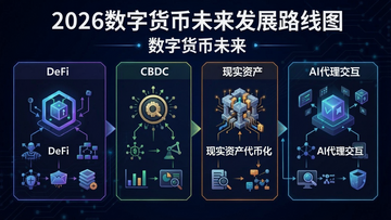 һ�ſ��ӻ���Ϣͼ��չʾ2026�����ֻ���δ���Ĺؼ����ƣ�����DeFi��CBDC����ʵ�ʲ����һ���AI����������ģ�飬��������Ϊ��2026���ֻ���δ����չ·��ͼ���������ֻ���δ�������Ƹ���