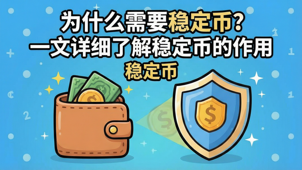 一张图看懂稳定币的作用与避险价值,用卡通钱包和盾牌表达保值,上标注“为什么需要稳定币?一文详细了解稳定币的作用”