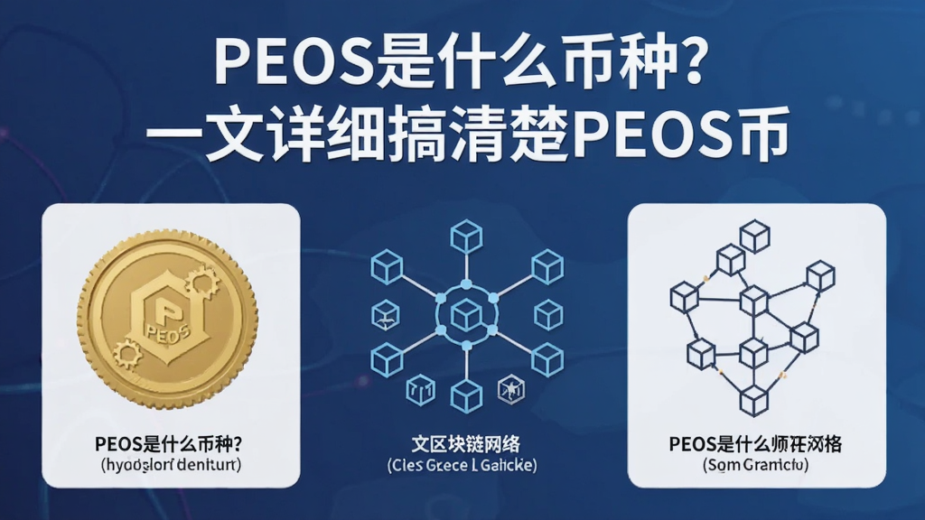 一张介绍PEOS币新手必看内容的科普长图,核心关键词是“PEOS是什么币种?一文详细搞清楚PEOS币”,包含代币图标、区块链网络示意和简洁文字说明