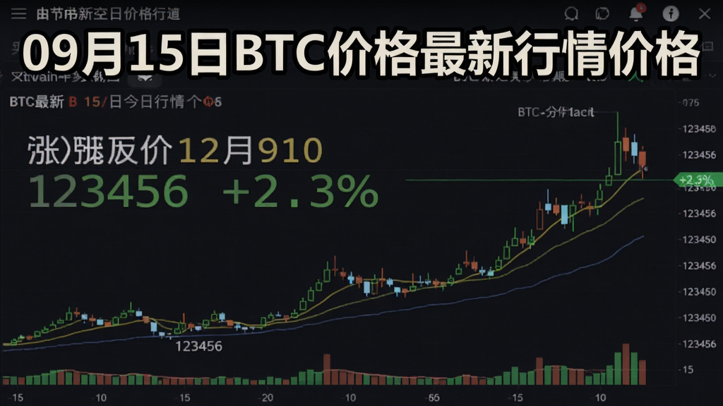 生成一张显示比特币价格今日行情多少钱一个的实时行情截图,突出2026年9月15日BTC最新成交价123456美元,涨跌幅+2.3%,附带15分钟K线走势,并在图片上用醒目文字注明“09月15日BTC价格最新行情价格”