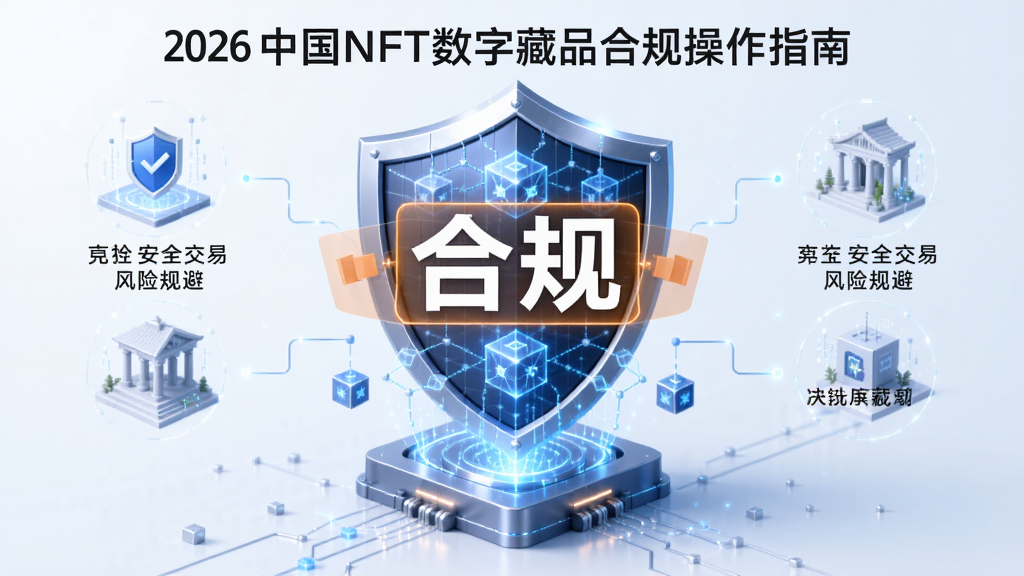 2026中国NFT数字藏品合规操作指南全景图,盾牌与区块链元素融合,标注“合规”字样,突出安全交易与风险规避